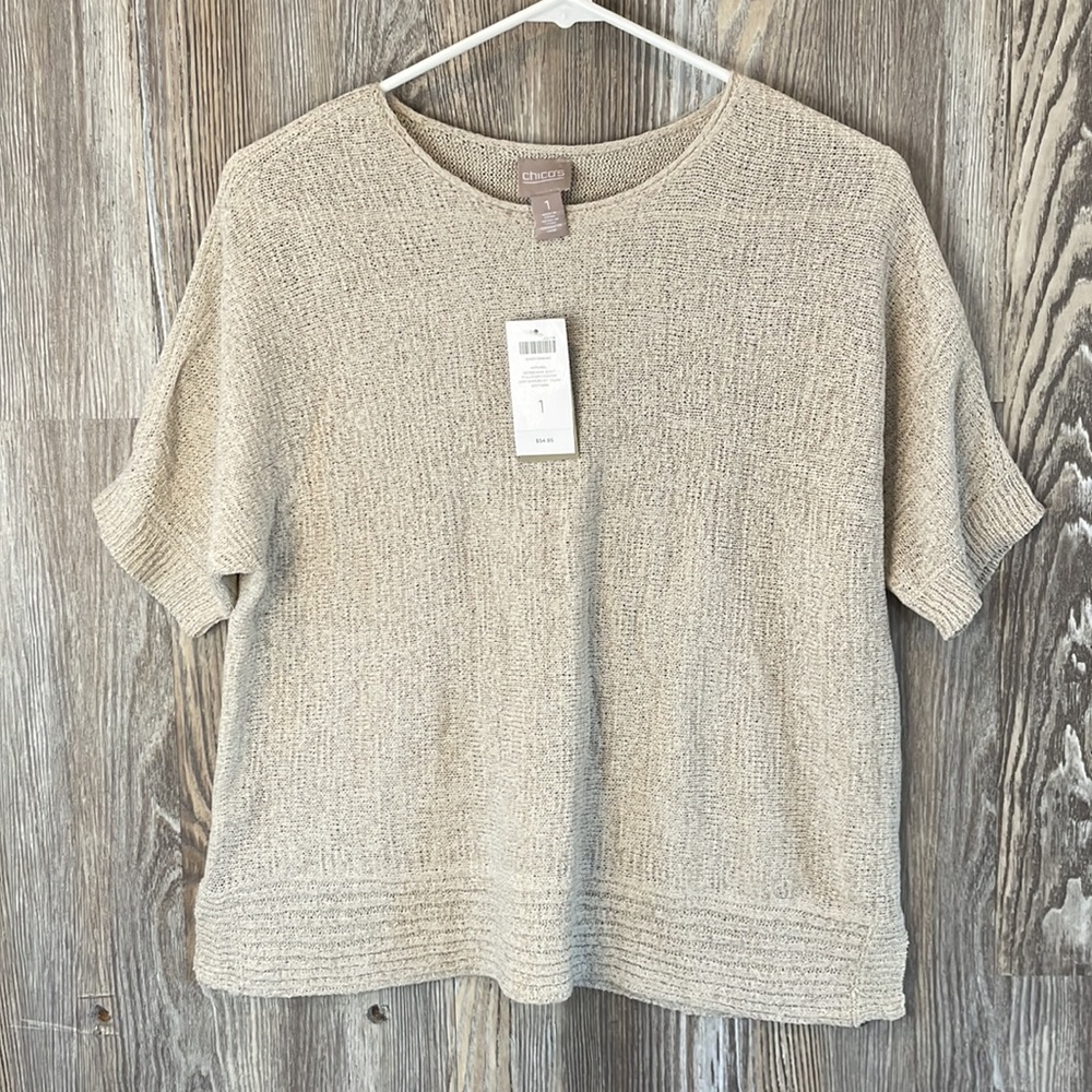 Chicos taupe, pull over blouse, Georgiana boat, 8-10